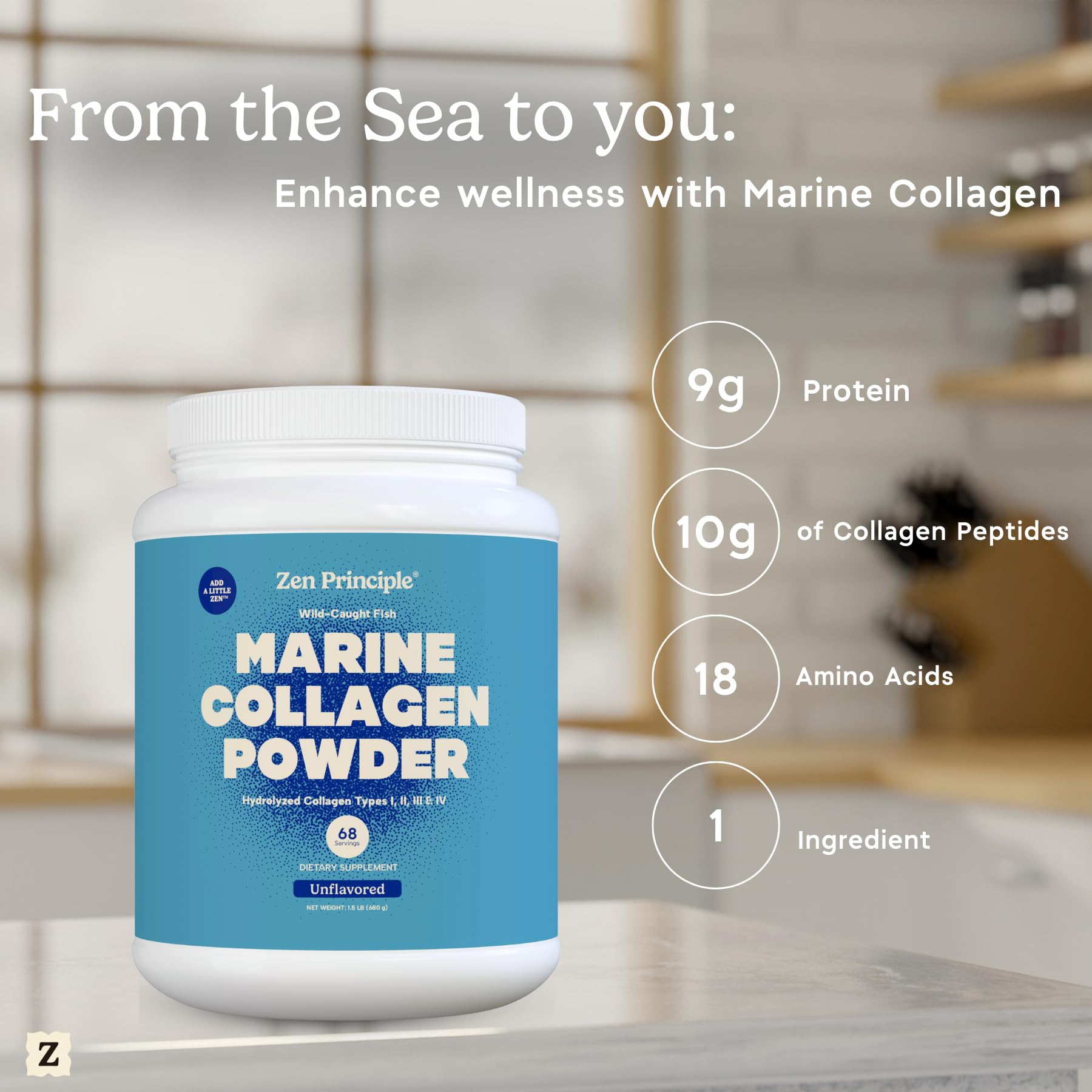 Unflavored Zen Principle collagen powder ready to mix into drinks.