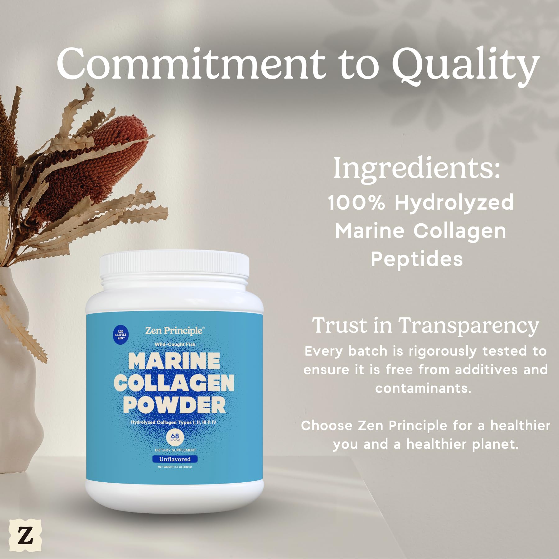 Sustainably sourced wild-caught fish for Zen Principle collagen with environmental focus.