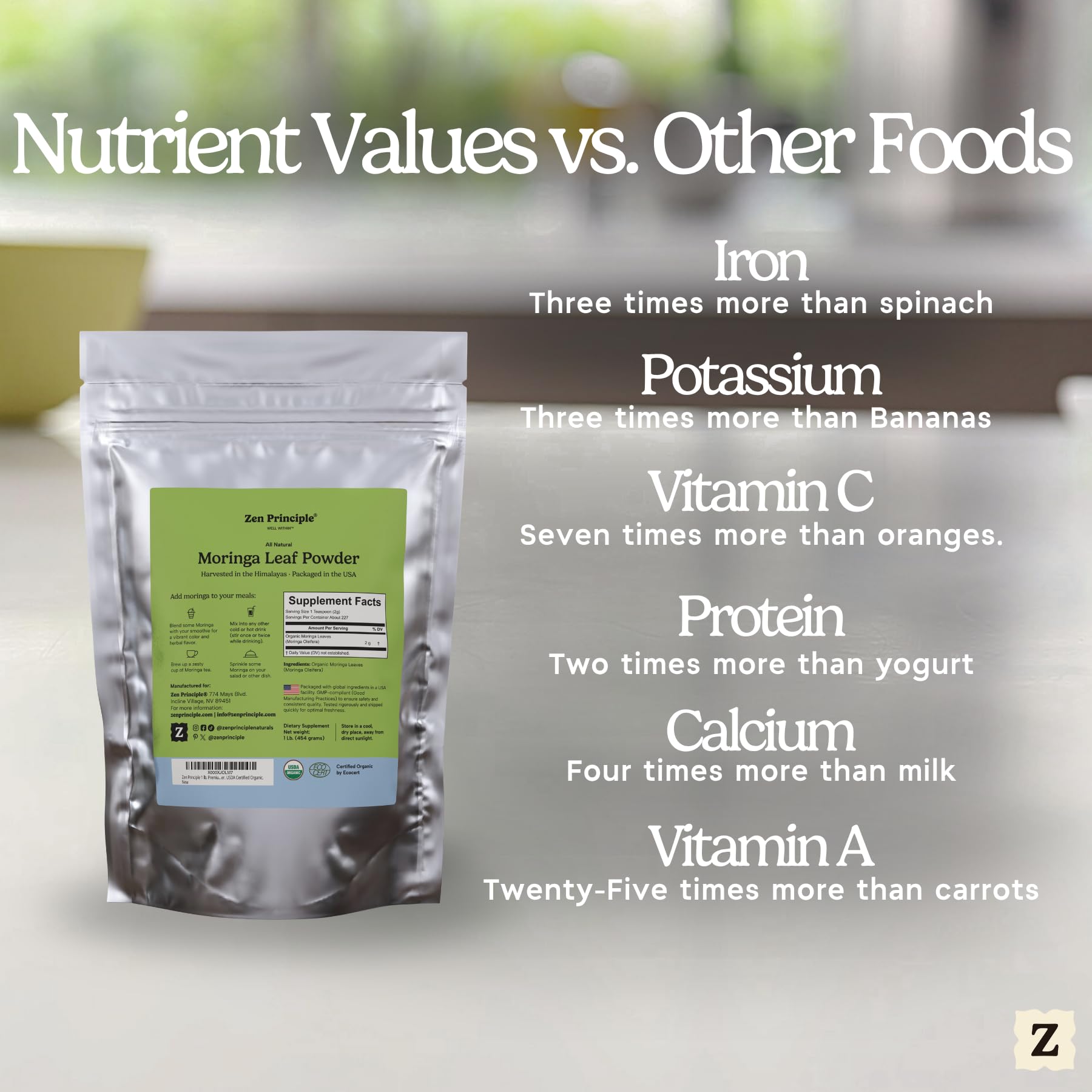 Zen Principle moringa leaf powder in smoothie showing versatile use