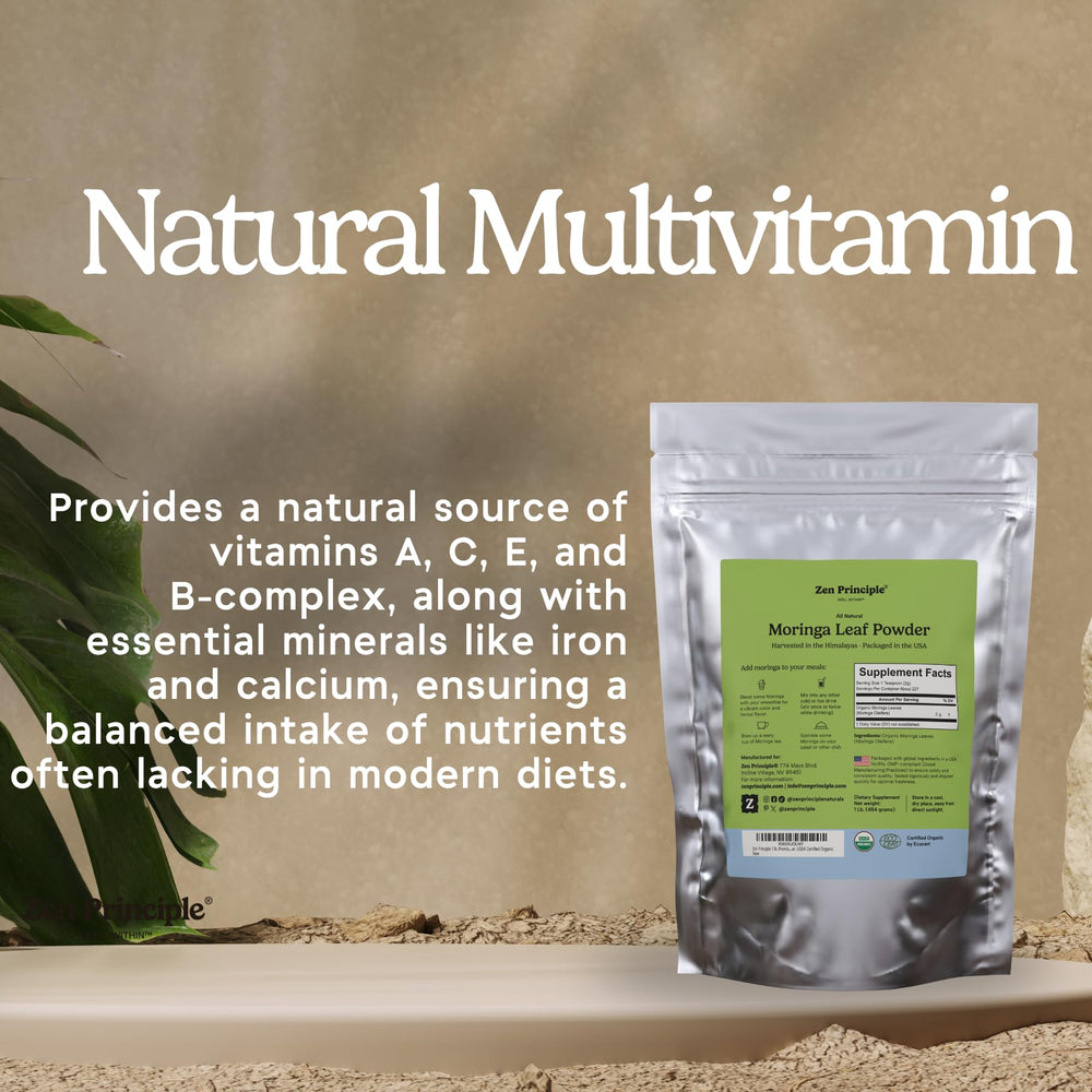 Zen Principle organic moringa powder label, non-GMO and gluten-free qualities