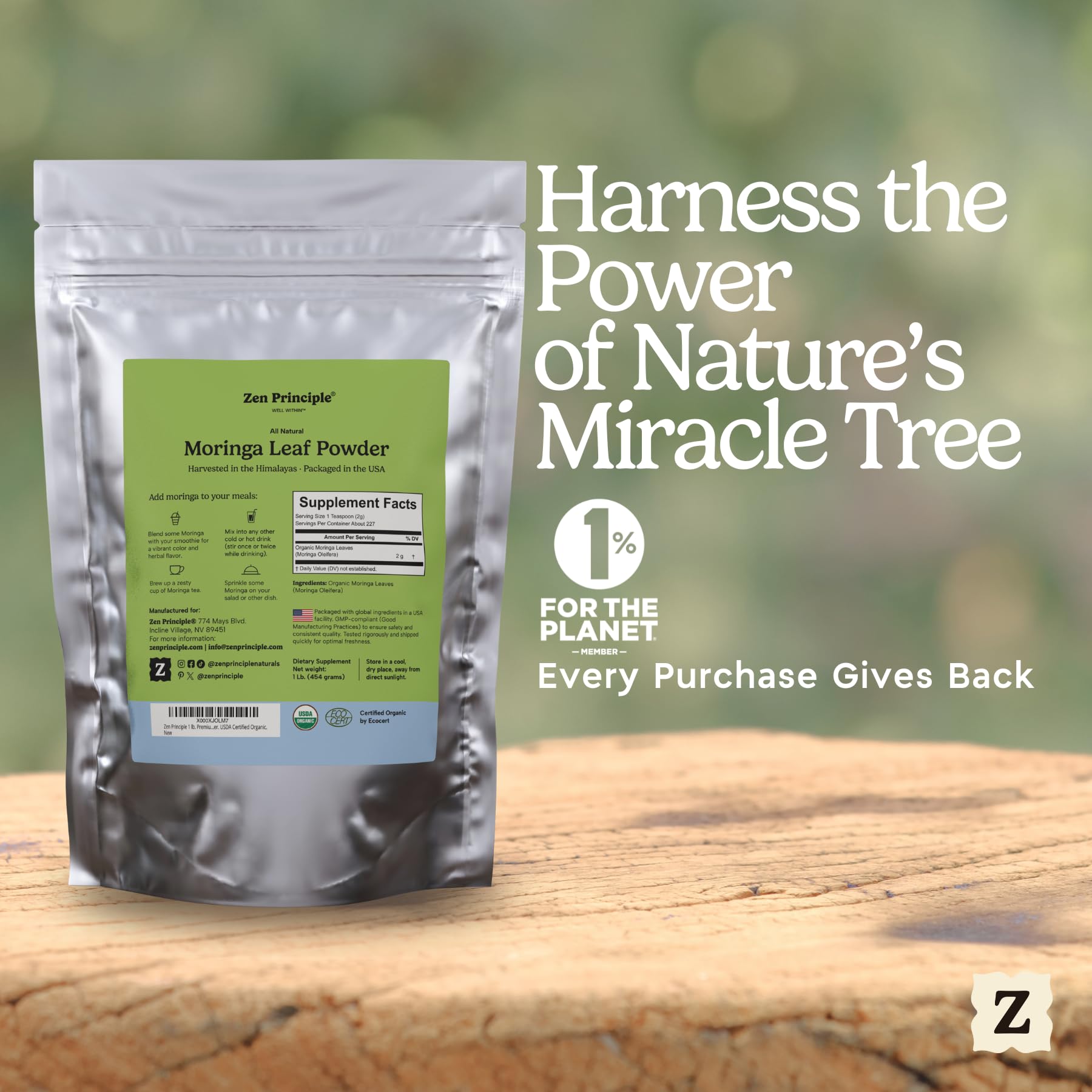 Zen Principle organic moringa powder packaging highlights sustainable sourcing