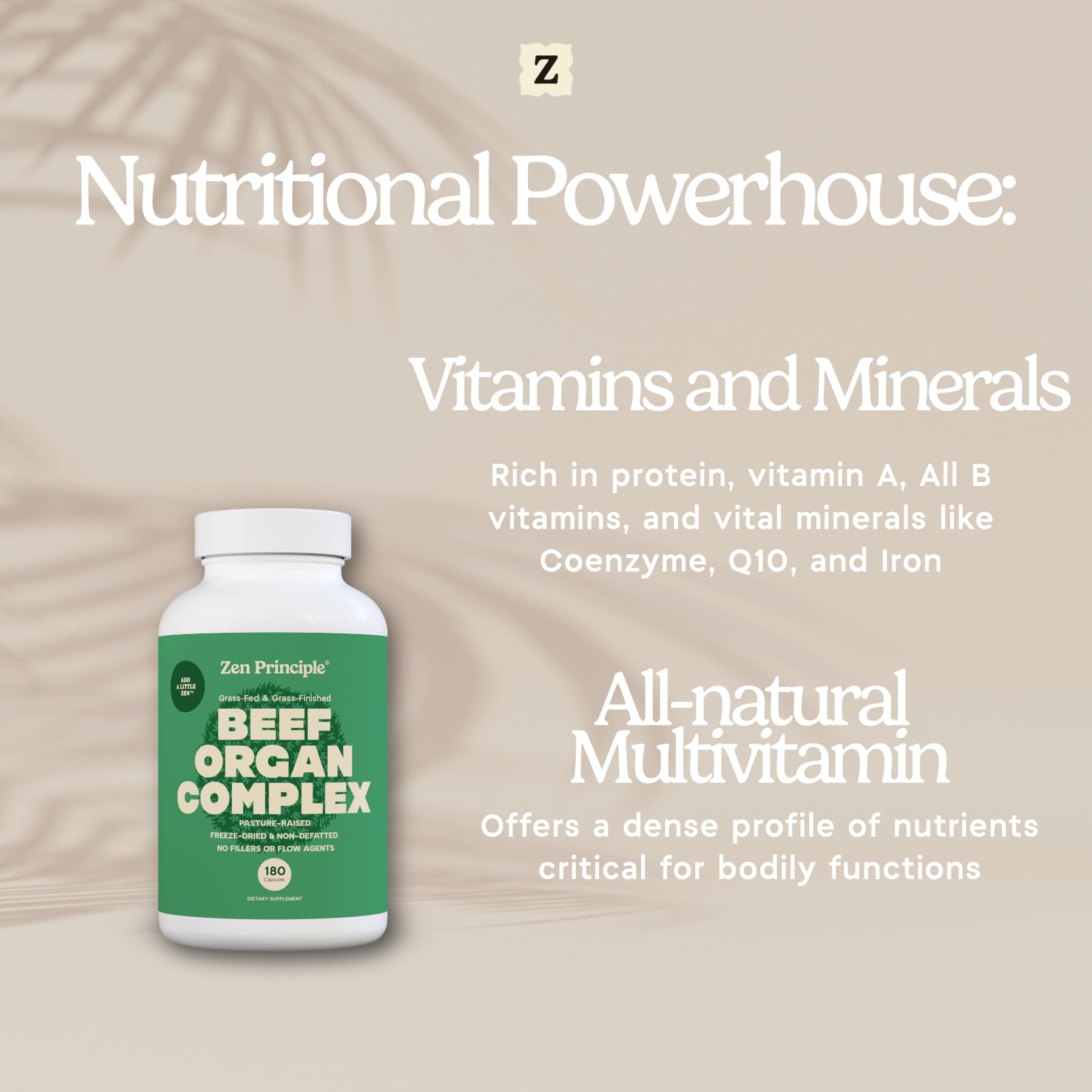 Zen Principle pancreas and spleen capsules, complete organ mix for diverse nutrient profile.
