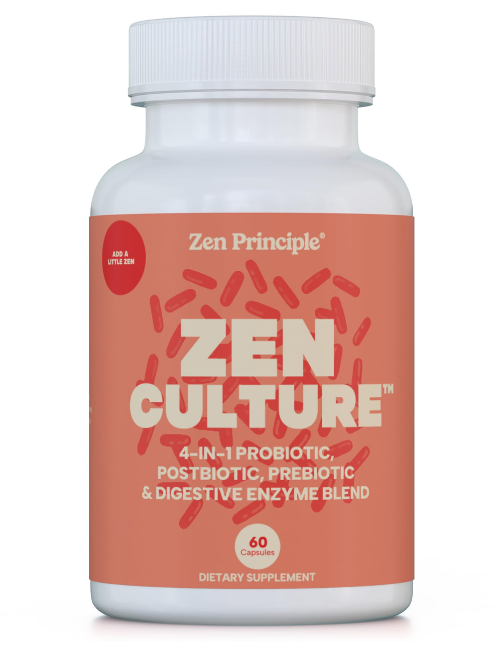 Zen Principle ZenCulture bottle closeup with 60 capsules for daily gut balance.