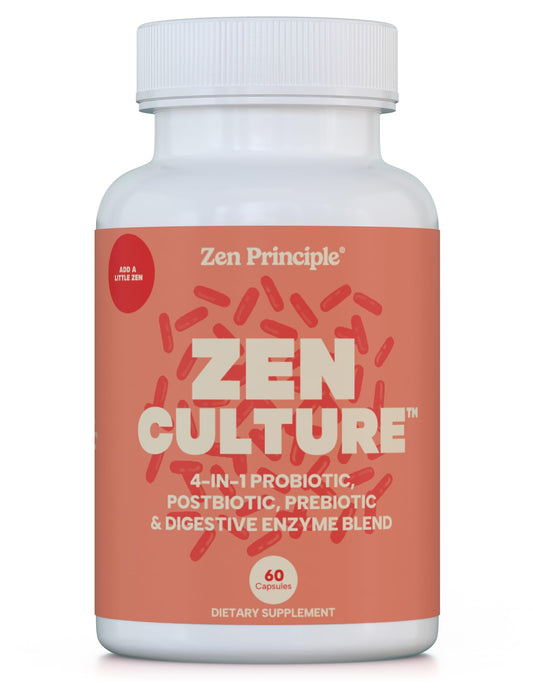 Zen Principle ZenCulture bottle closeup with 60 capsules for daily gut balance.