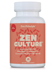 Zen Principle ZenCulture bottle closeup with 60 capsules for daily gut balance.