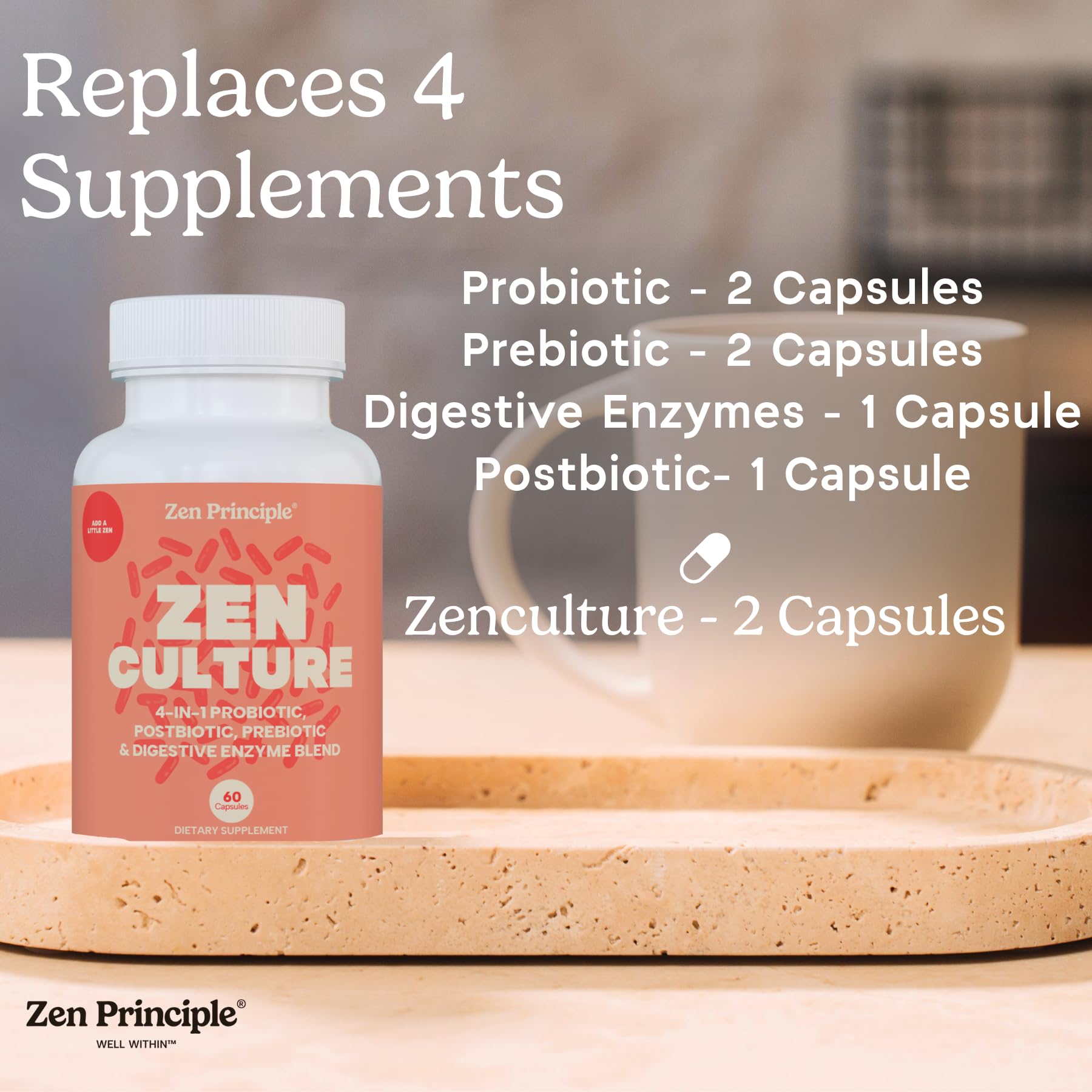 Zen Principle ZenCulture product shot beside a glass of water for easy daily intake.