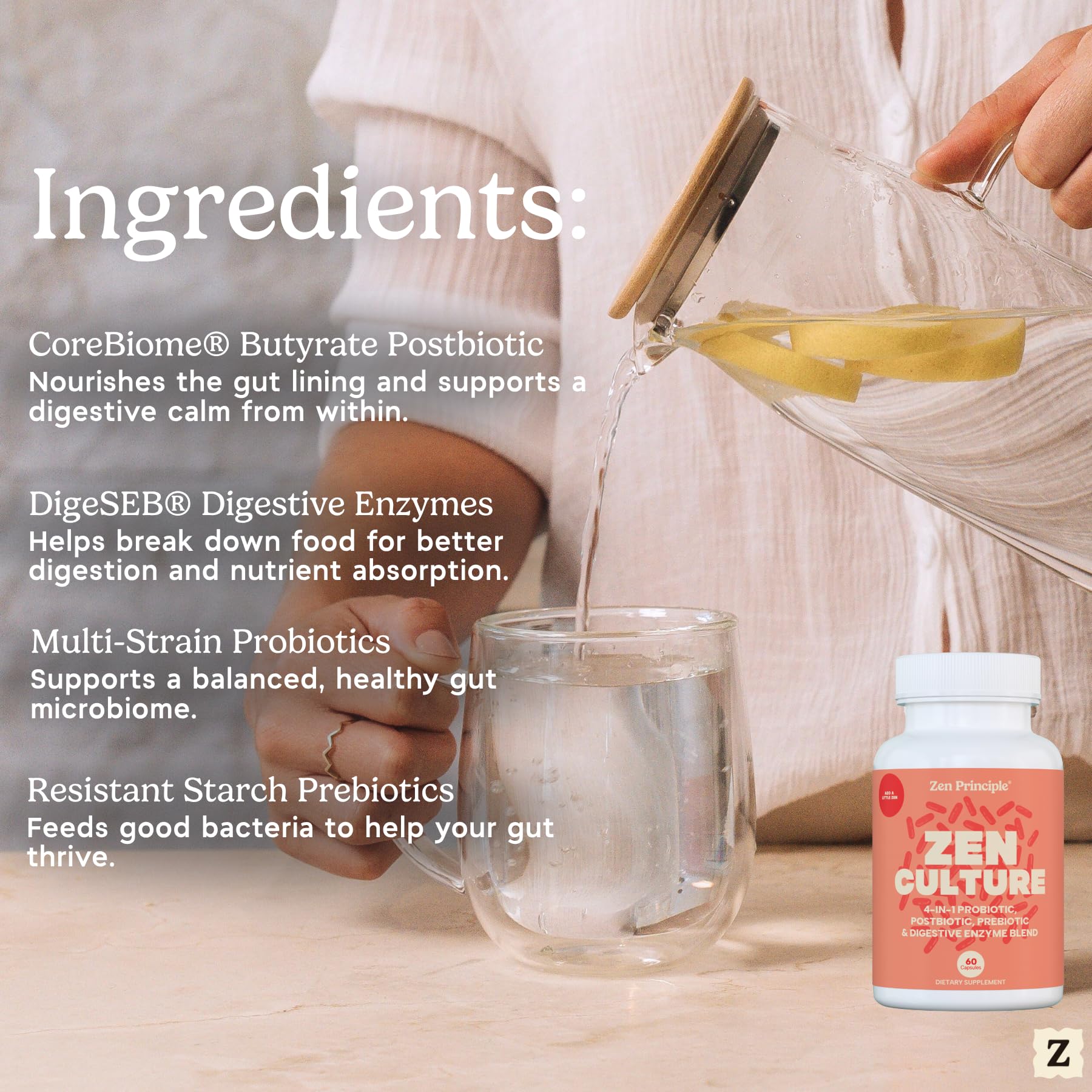 Zen Principle Zenculture enzyme blend closeup illustrating digestion aid.