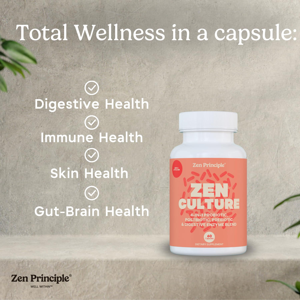 Zen Principle ZenCulture label closeup featuring CoreBiome butyrate for gut lining support.