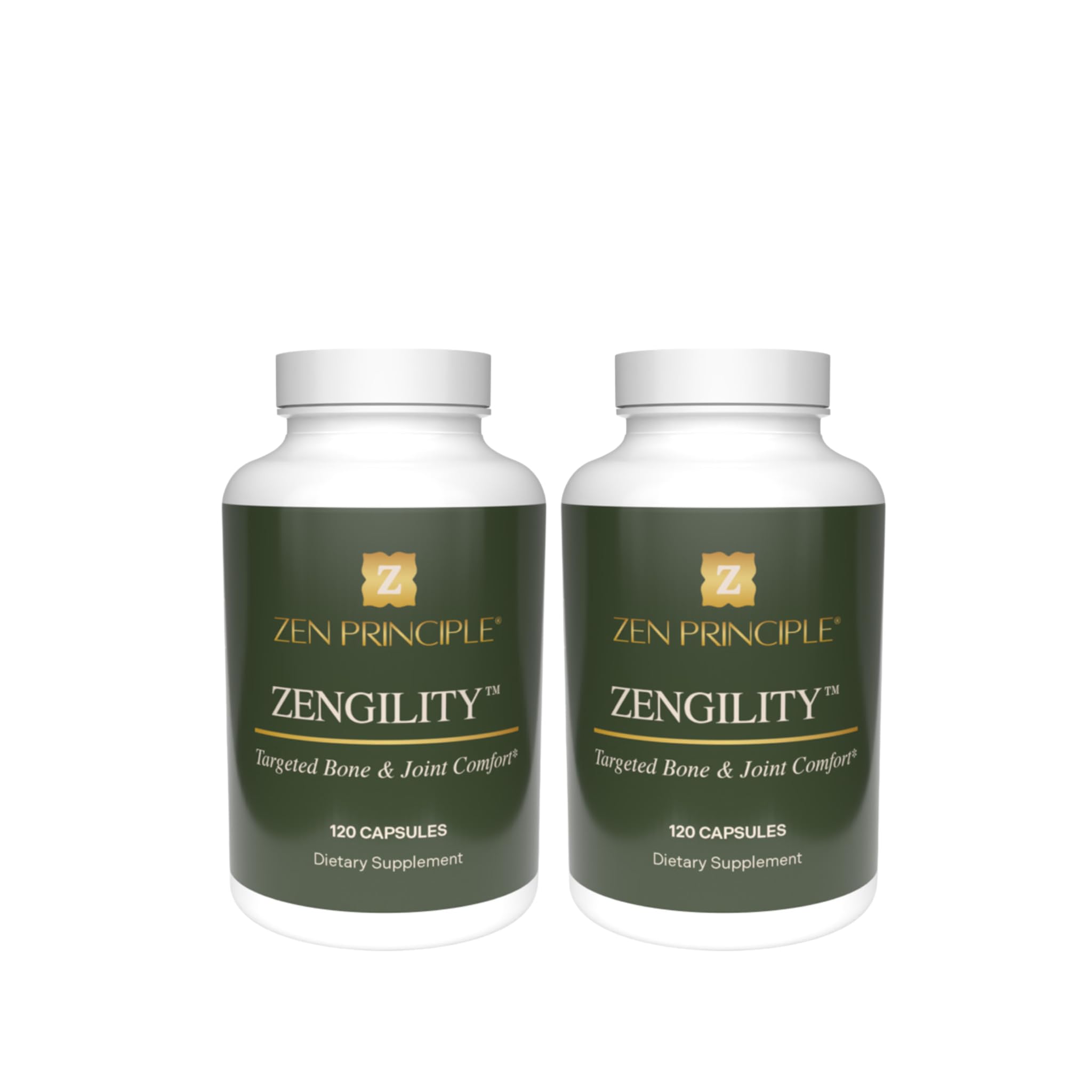 Zen Principle Zengility bottle and capsules for joint support and bone strength.