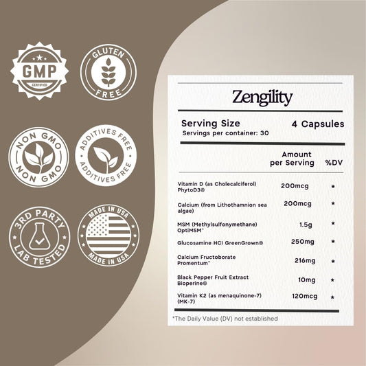 Close-up of Zengility capsules highlighting glucosamine and MSM for mobility support.