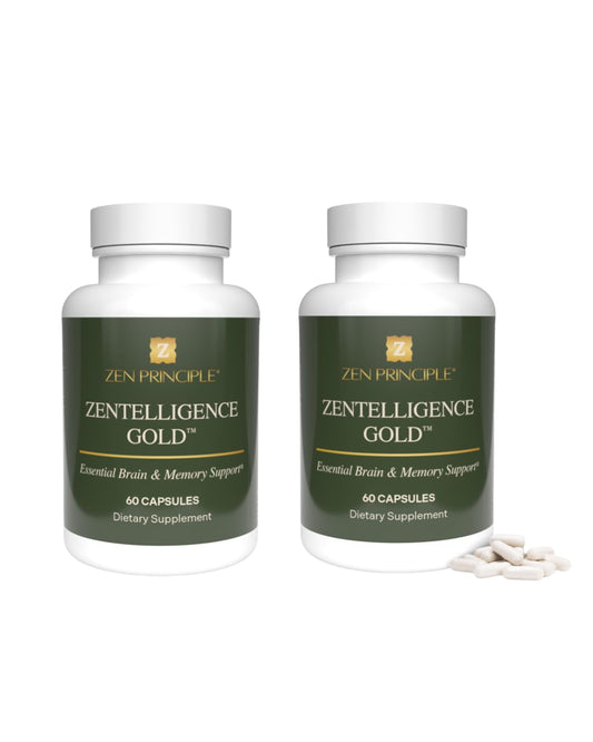 Zen Principle Zentelligence Gold bottle on a desk supports daily focus and memory.