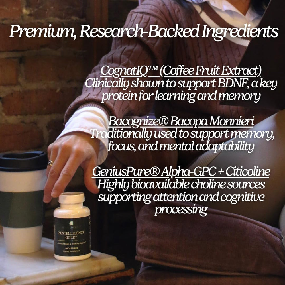 Zen Principle Zentelligence Gold ingredients close-up featuring CognatIQ and Bacognize.