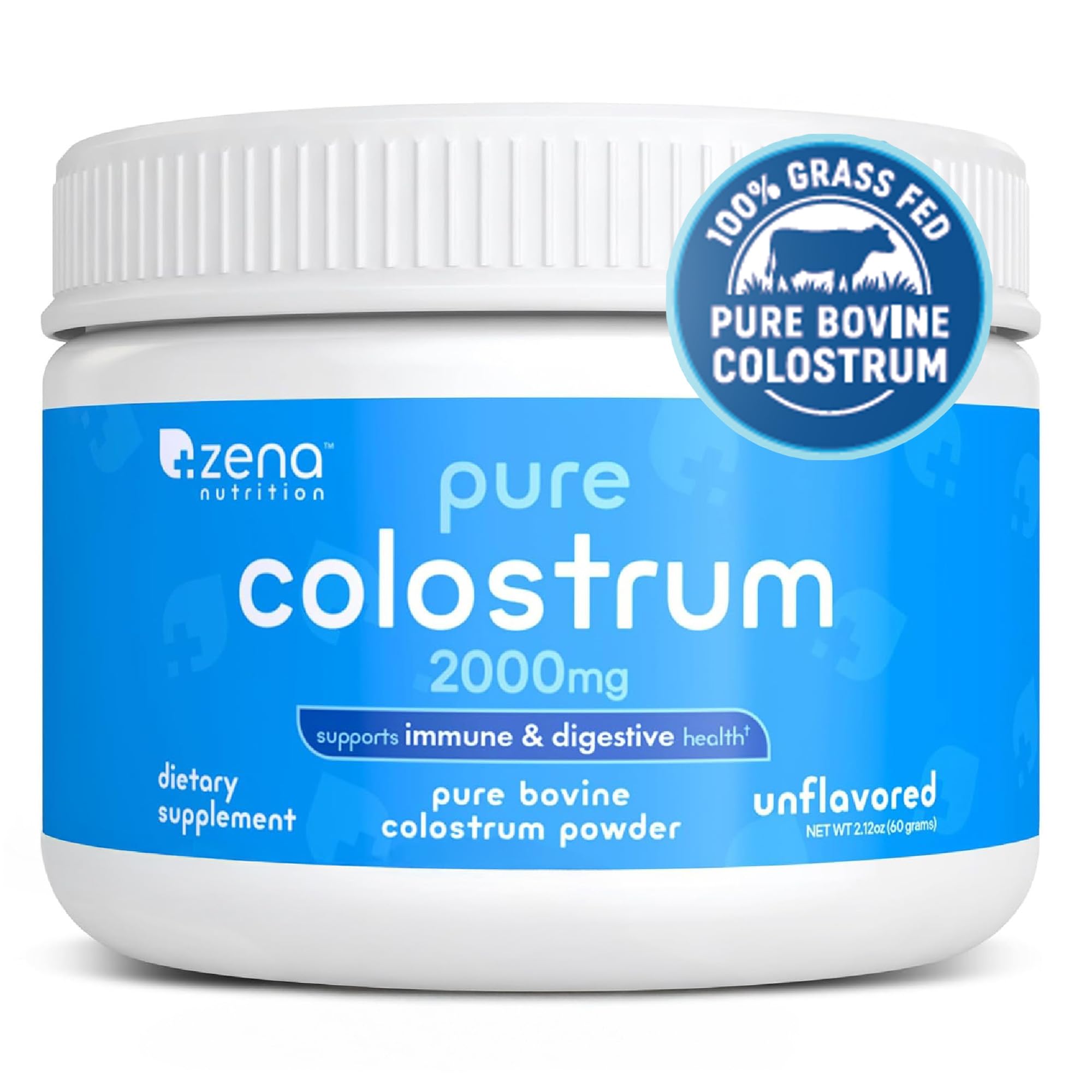Zena Nutrition Bovine Colostrum Powder bottle shown, supports gut health when added to drinks
