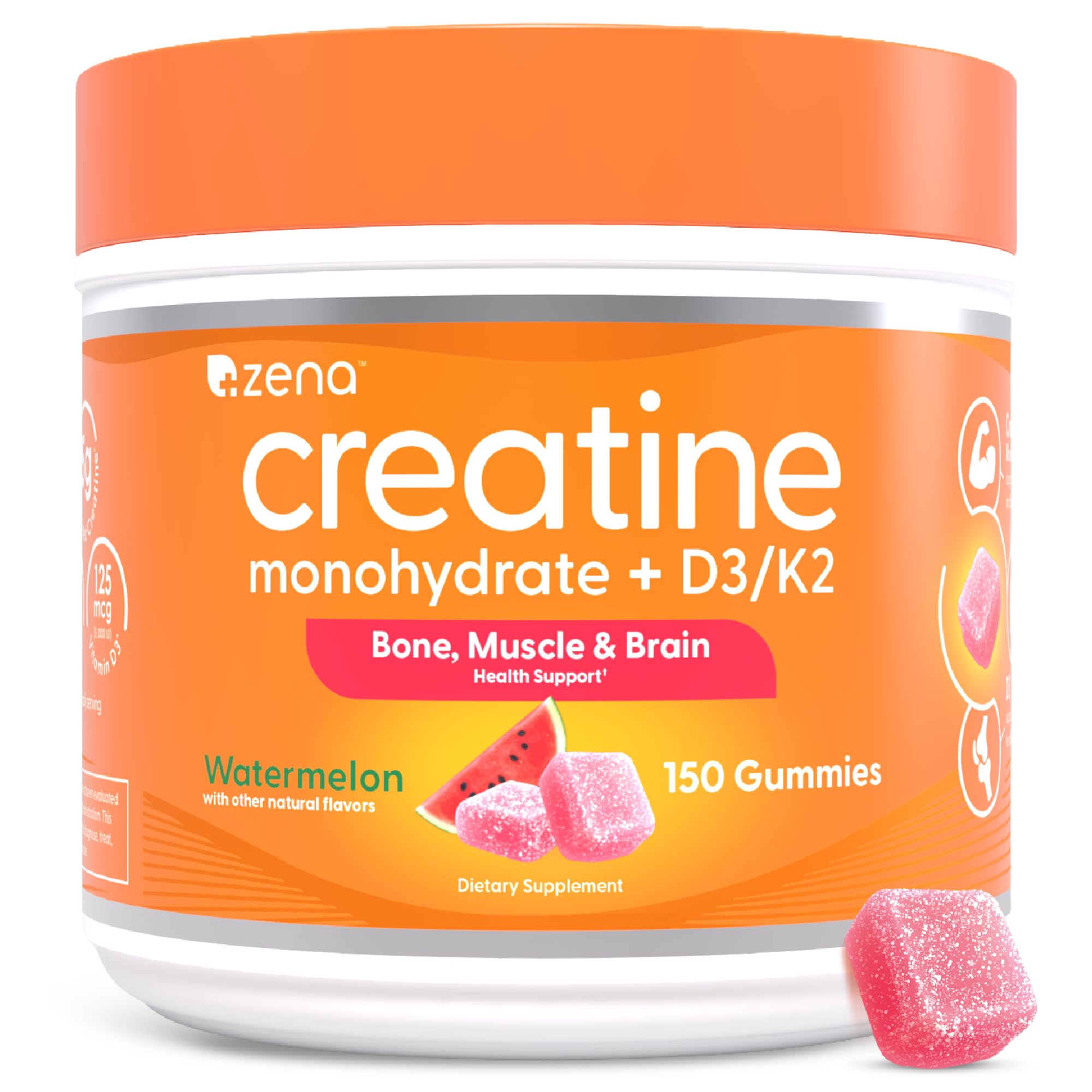 Zena Nutrition creatine gummies watermelon bottle shows tasty daily supplement for workouts