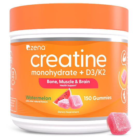 Zena Nutrition creatine gummies watermelon bottle shows tasty daily supplement for workouts
