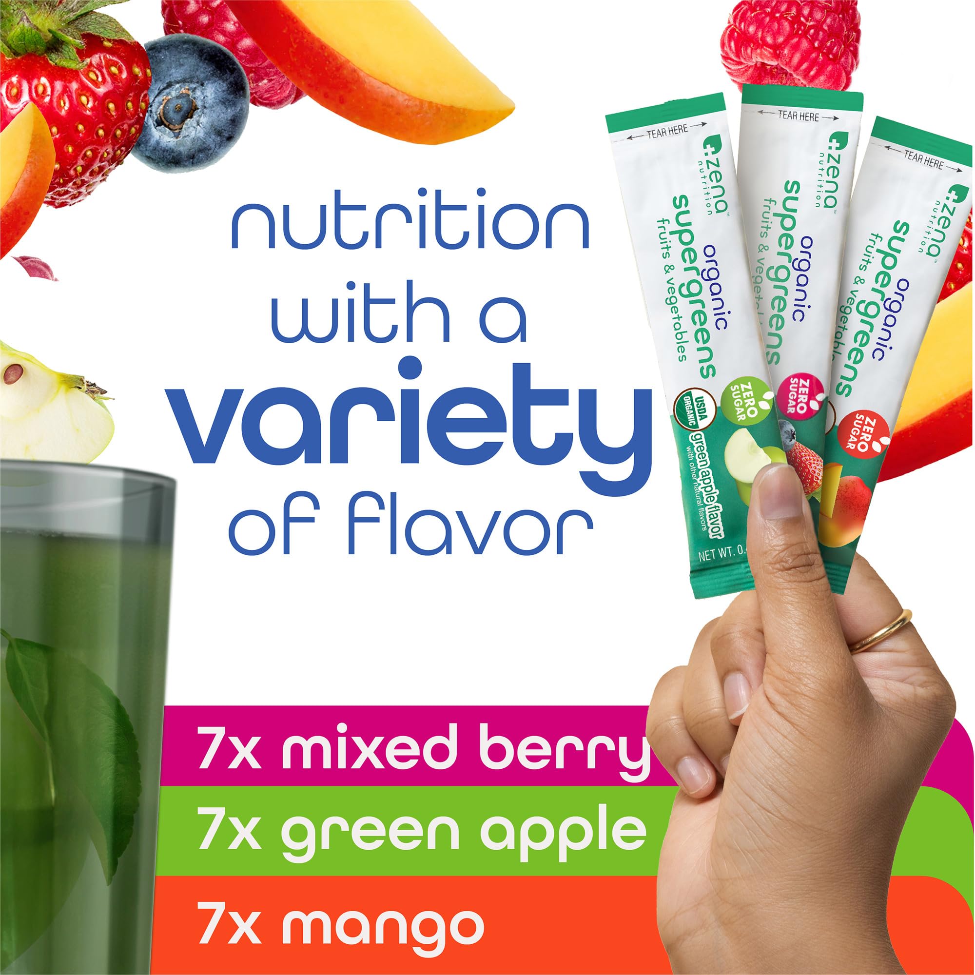 Zena Nutrition Green Apple flavor stick pack ideal for refreshing, sugar-free nutrition on the move