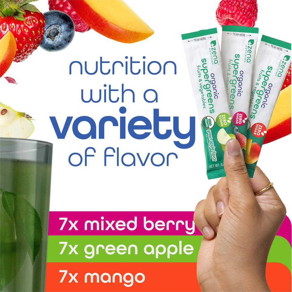 Zena Nutrition Green Apple flavor stick pack ideal for refreshing, sugar-free nutrition on the move