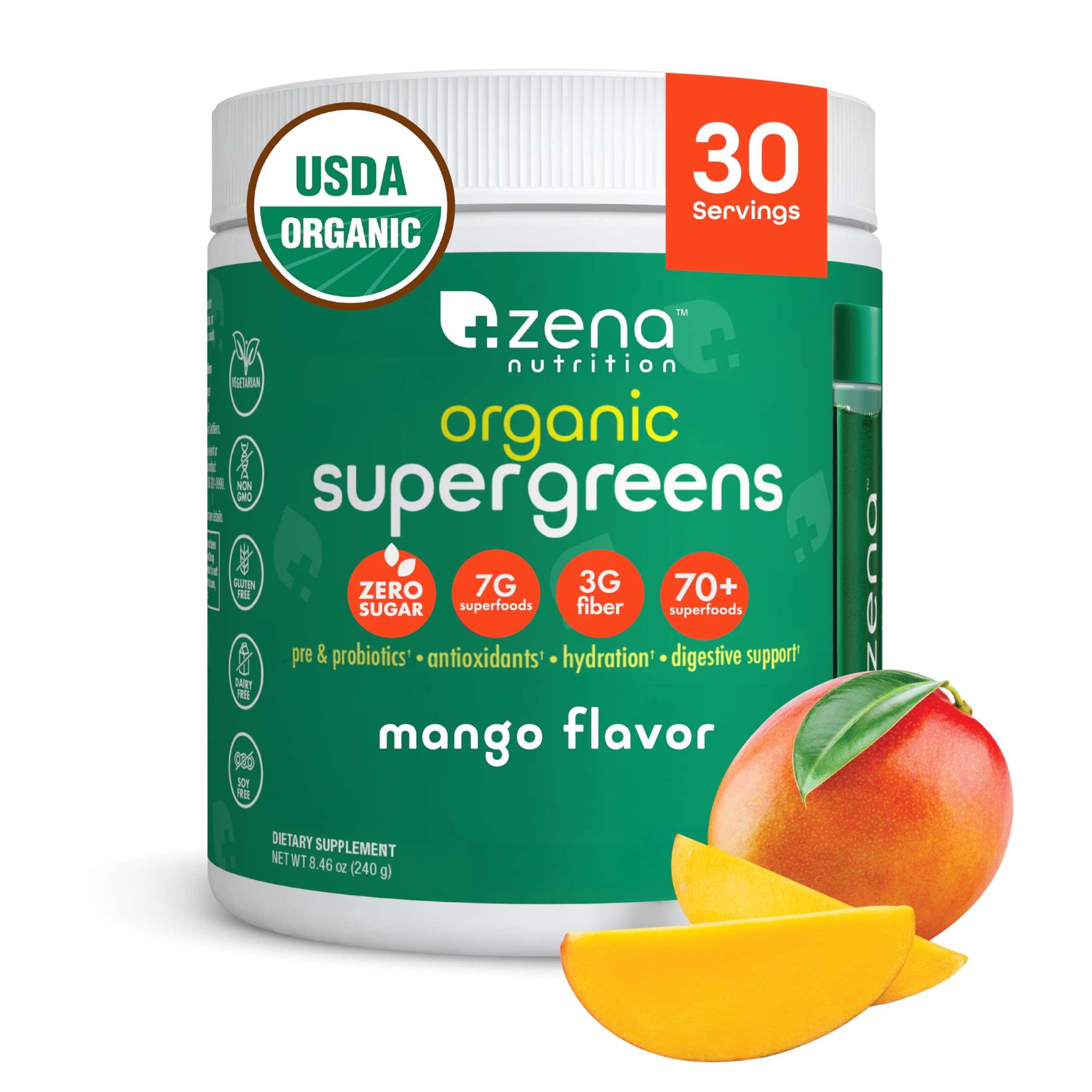 Zena Nutrition Organic Super Greens bottle pour with mango flavor for quick daily greens