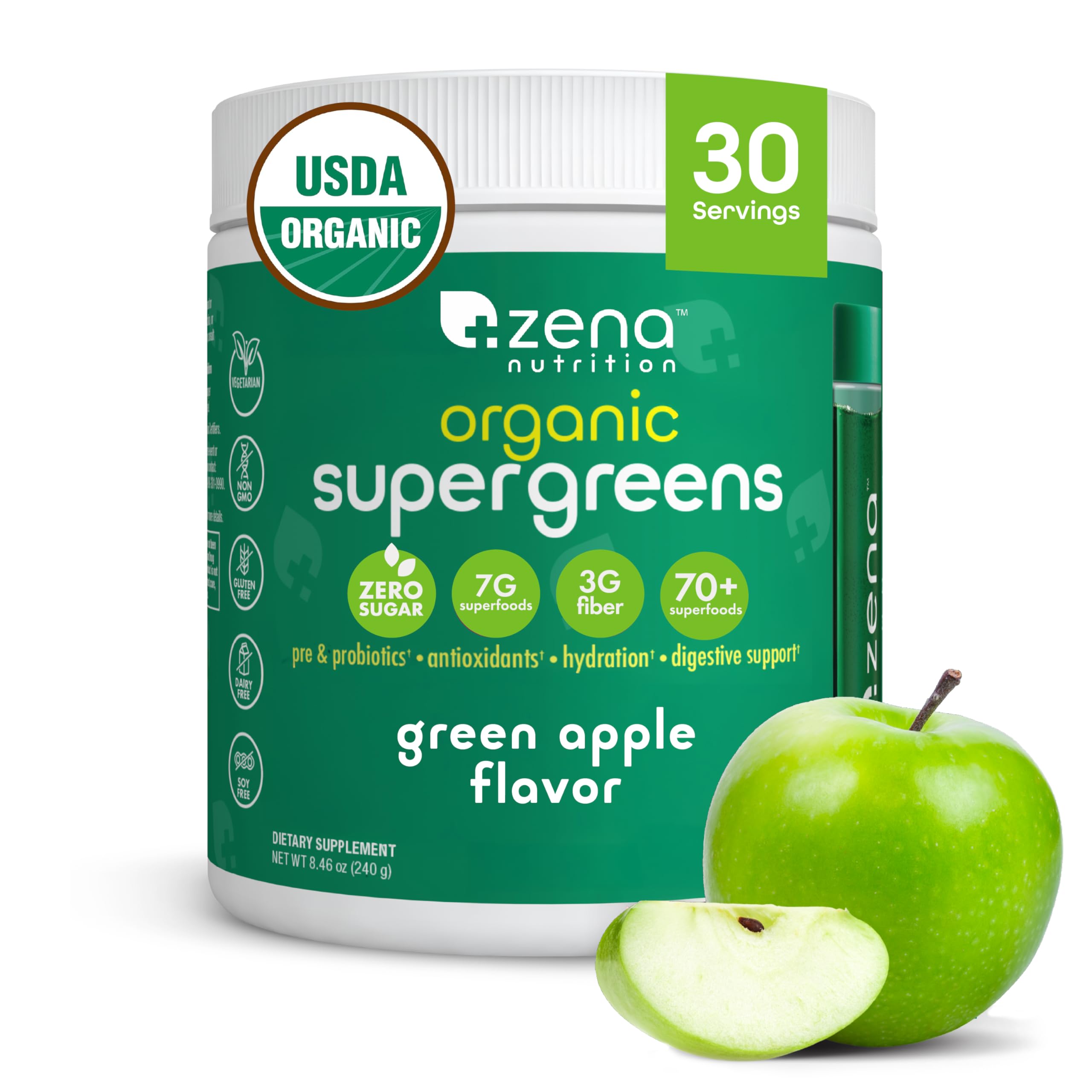 Zena Nutrition Organic Super Greens bottle front shows a sugar-free greens blend for daily support.