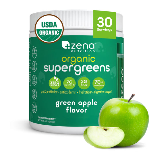 Zena Nutrition Organic Super Greens bottle front shows a sugar-free greens blend for daily support.