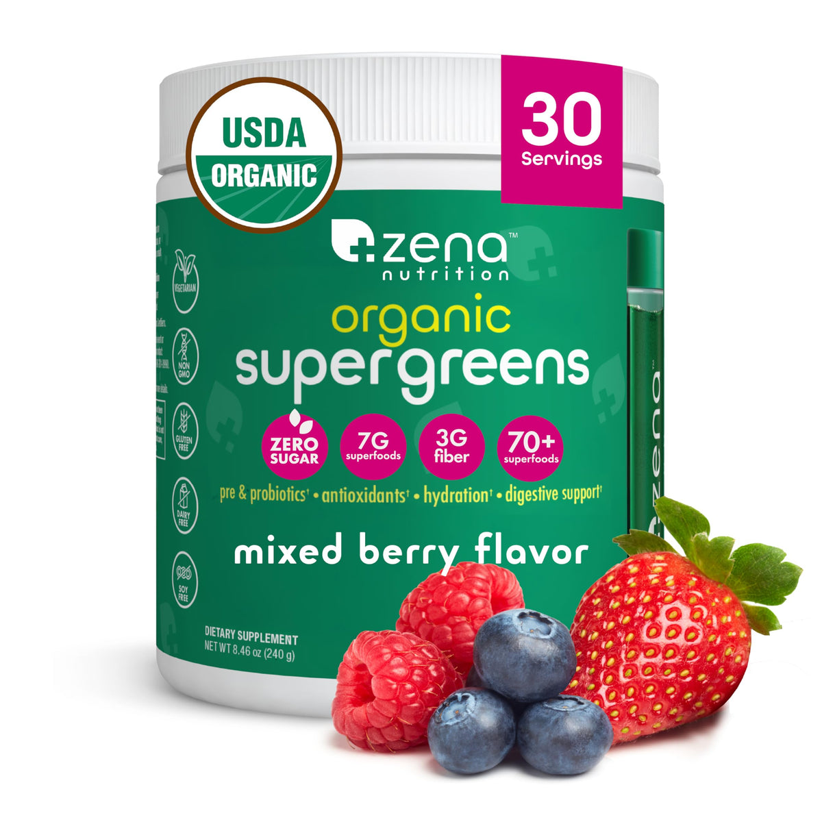 Zena Nutrition Organic Super Greens powder bottle highlights wholesome nutrition for daily wellness