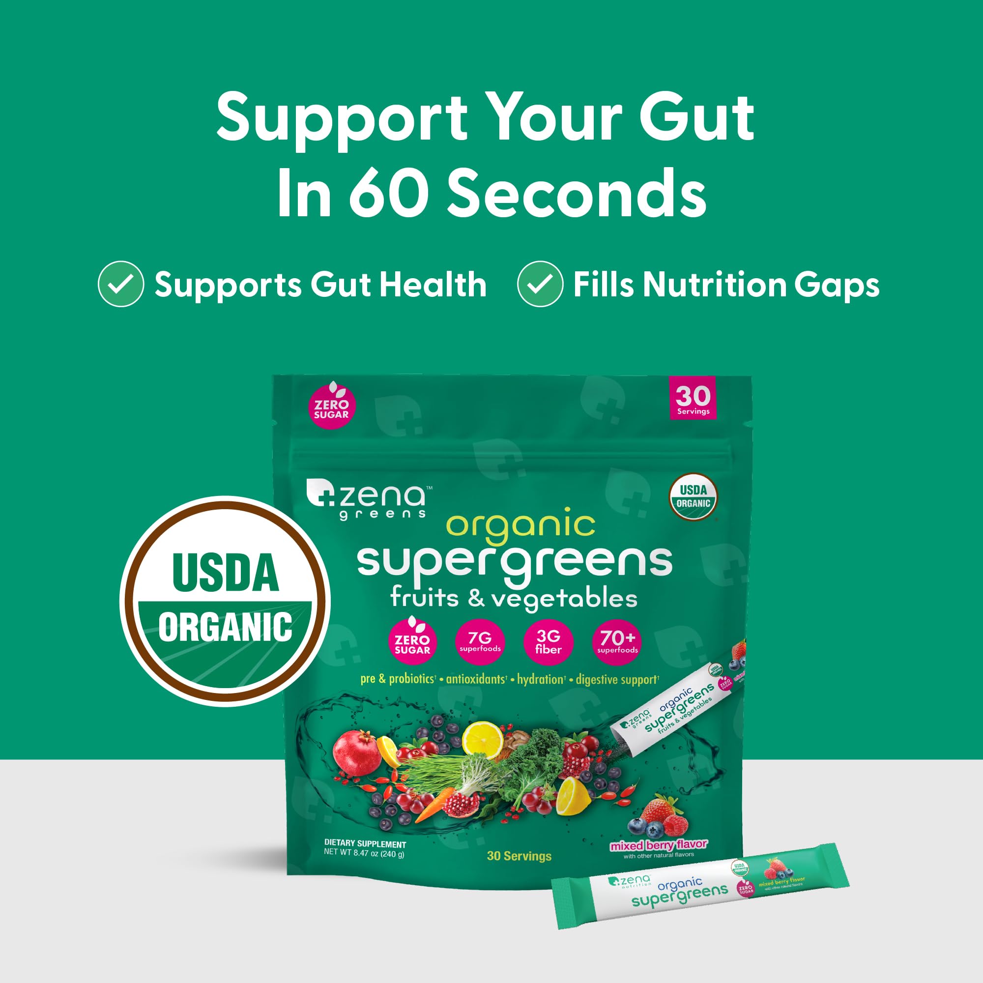Zena Nutrition Organic Super Greens powder close-up showing vibrant greens