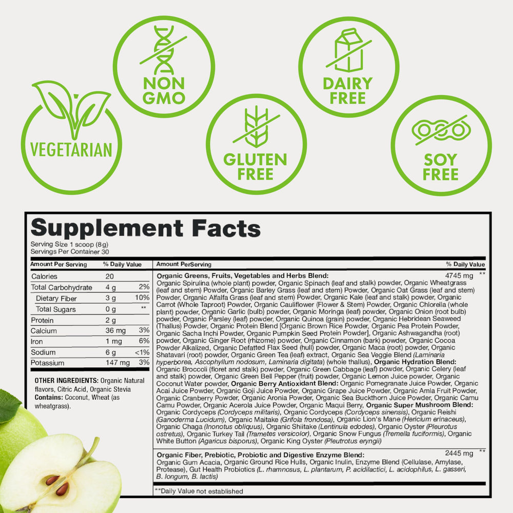 Zena Nutrition Organic Super Greens spoon with powder ready for smoothies.