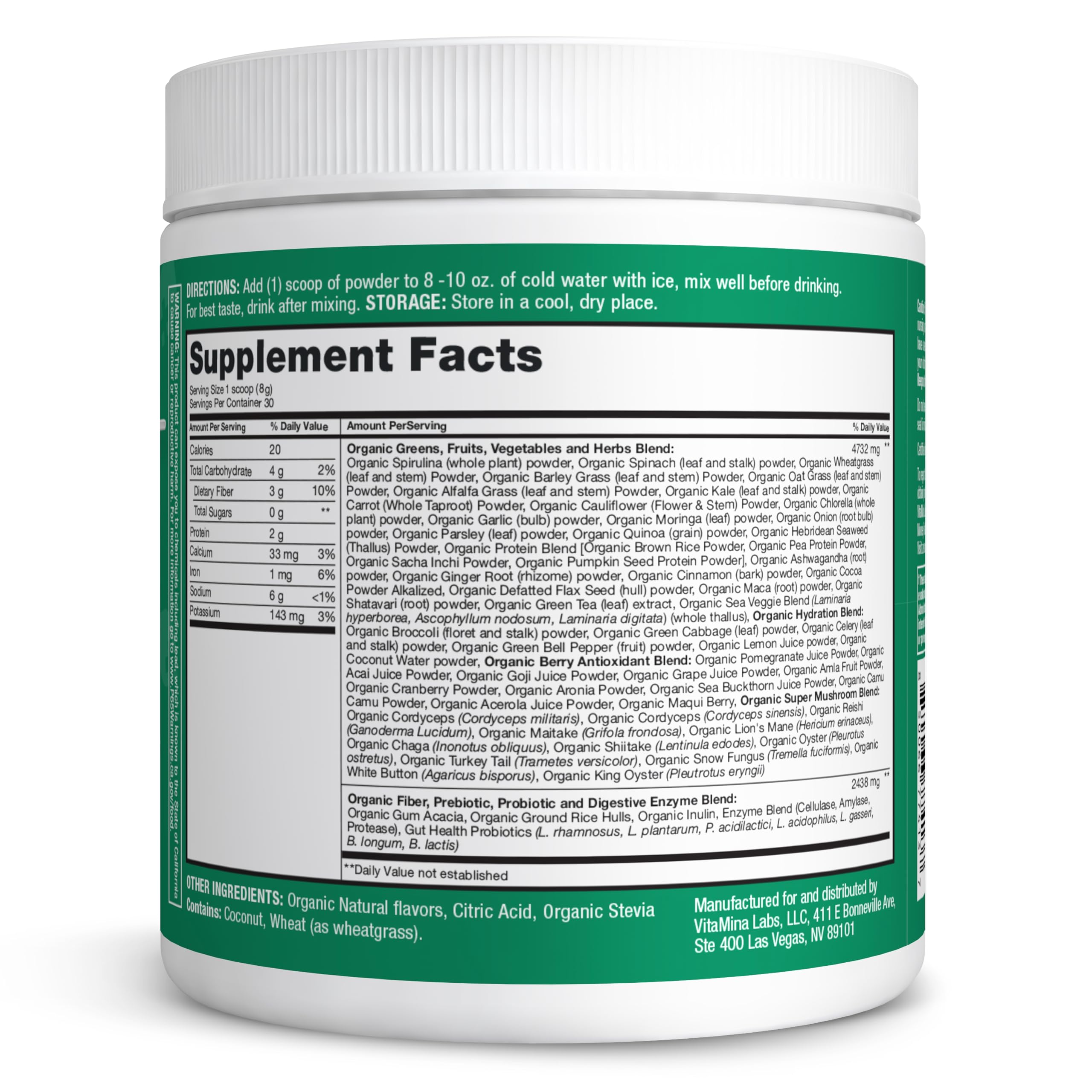 Zena Nutrition Organic Super Greens prebiotic and probiotic complex feature