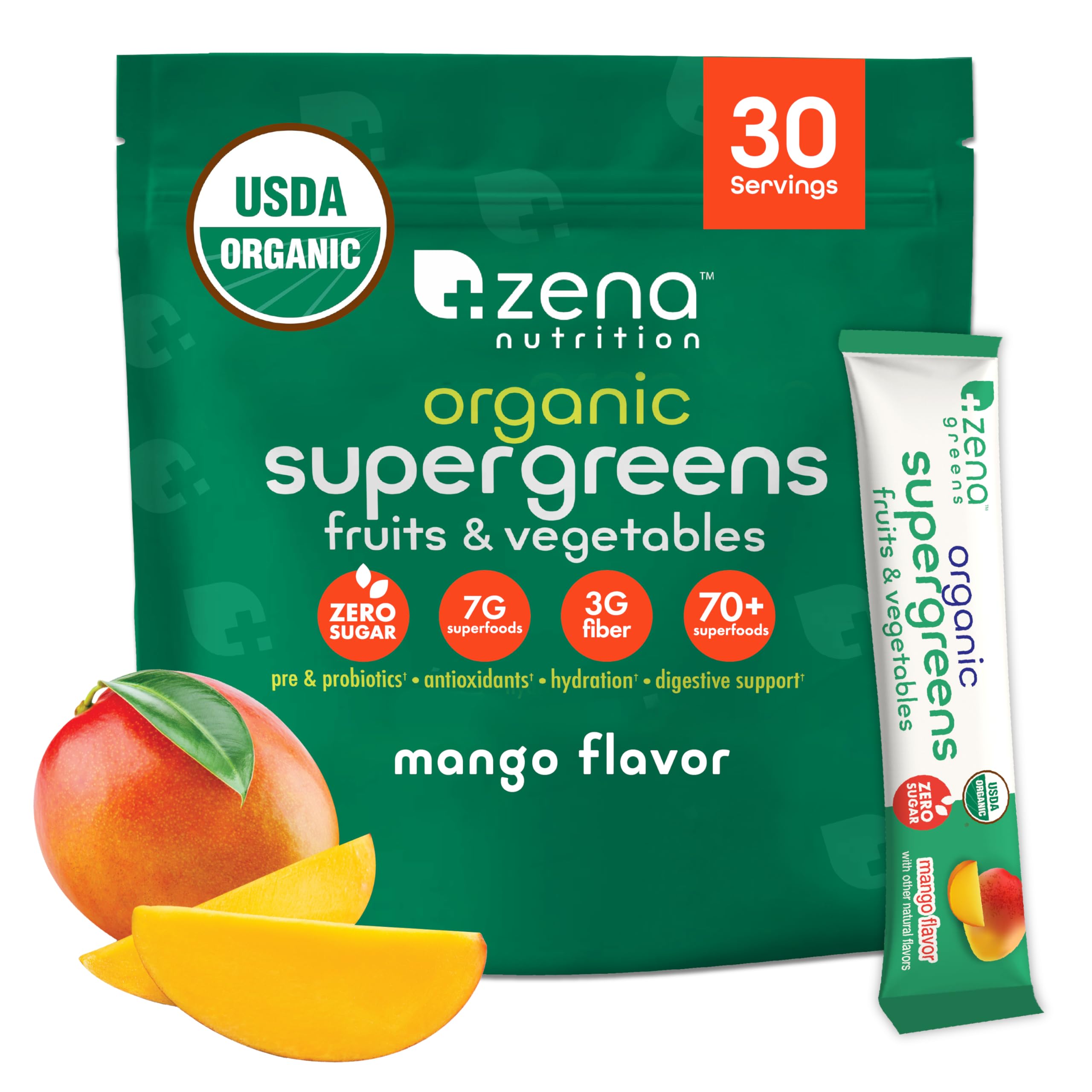 Zena Nutrition Organic Super Greens stick packs ready for on-the-go daily nutrition
