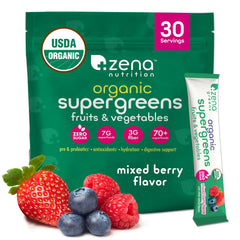 Zena Nutrition Organic Super Greens stick pack for easy on-the-go daily greens