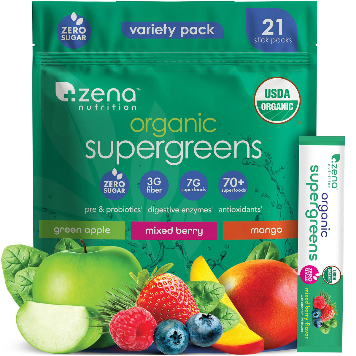 Zena Nutrition Organic Super Greens stick pack for on-the-go greens and daily energy support