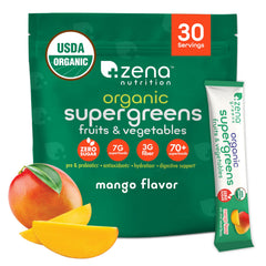 Zena Nutrition Organic Super Greens stick packs ready for on-the-go daily nutrition