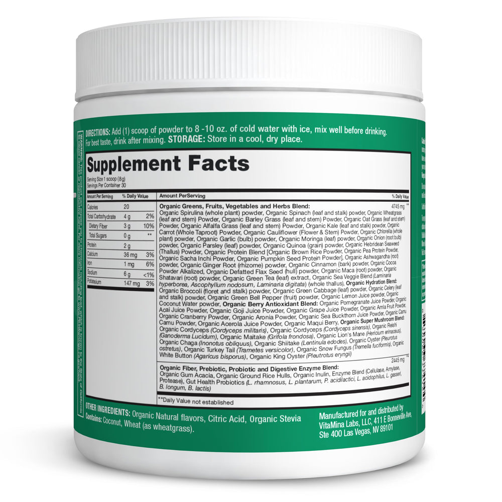Zena Nutrition Organic Super Greens stirred into yogurt for a nutrient boost.