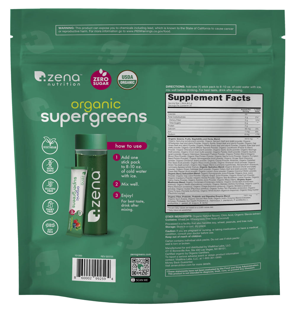 Zena Nutrition Organic Super Greens vegan and gluten-free certification