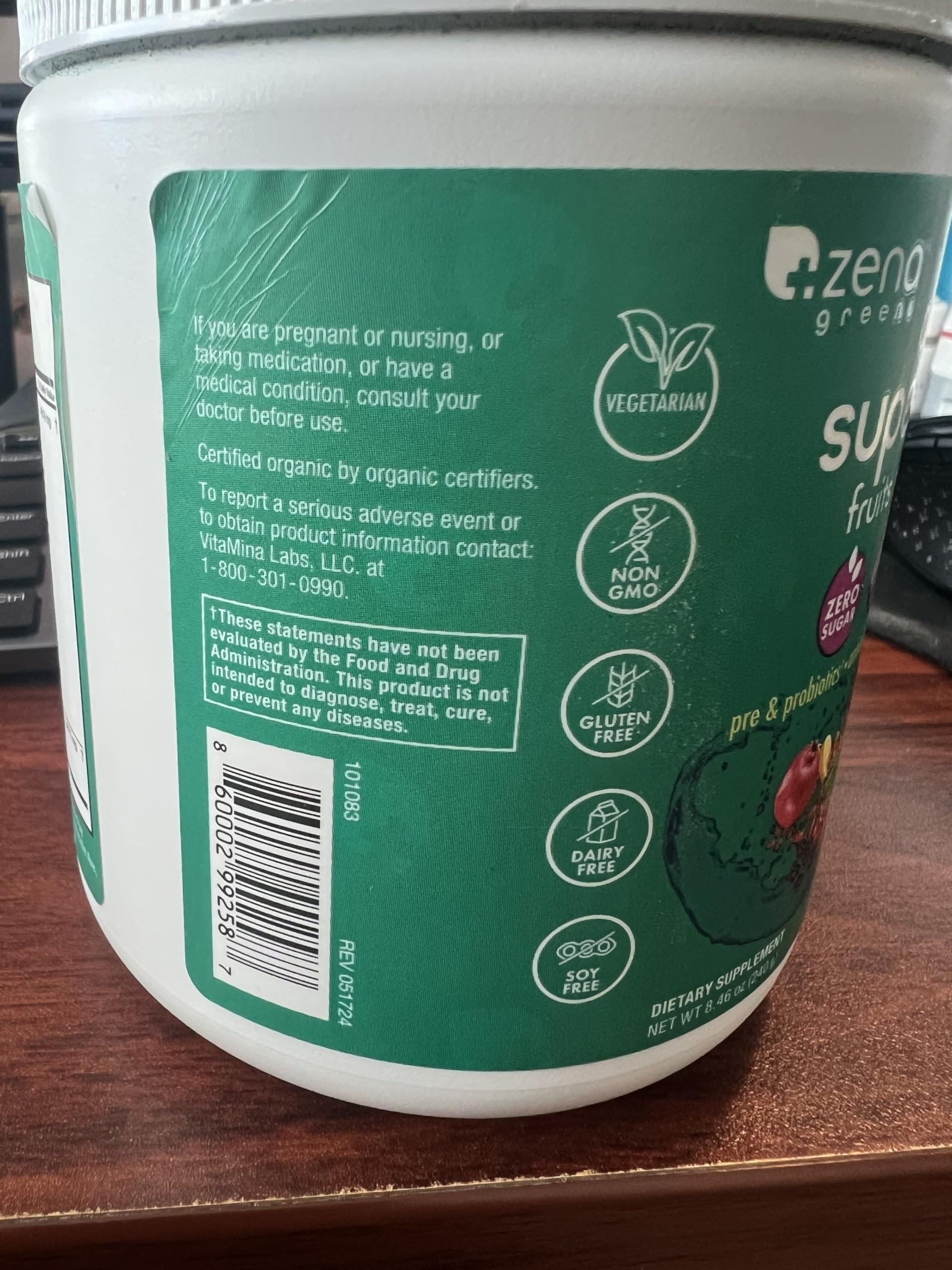 Zena Nutrition packaging hero shot highlights 30 servings and zero added sugar