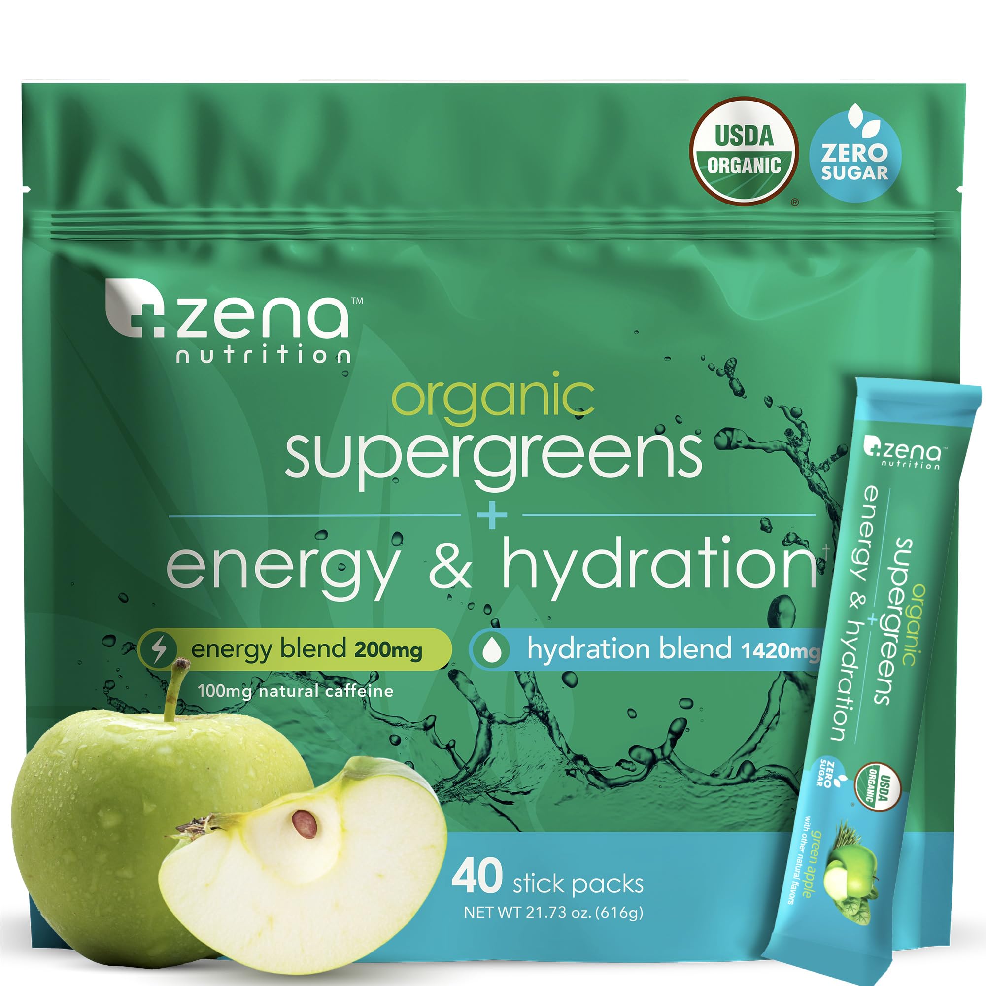 Zena Nutrition Organic Super Greens stick pack for quick on-the-go daily nutrition.