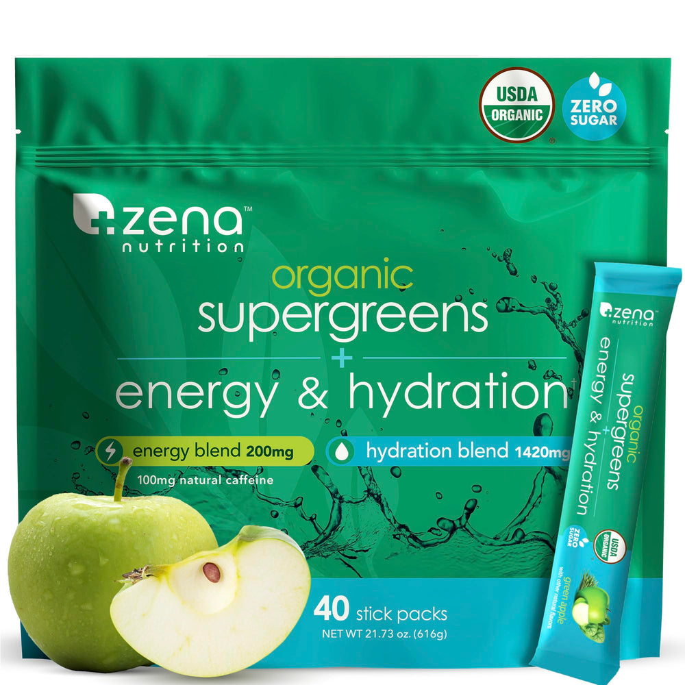 Zena Nutrition Organic Super Greens stick pack for quick on-the-go daily nutrition.