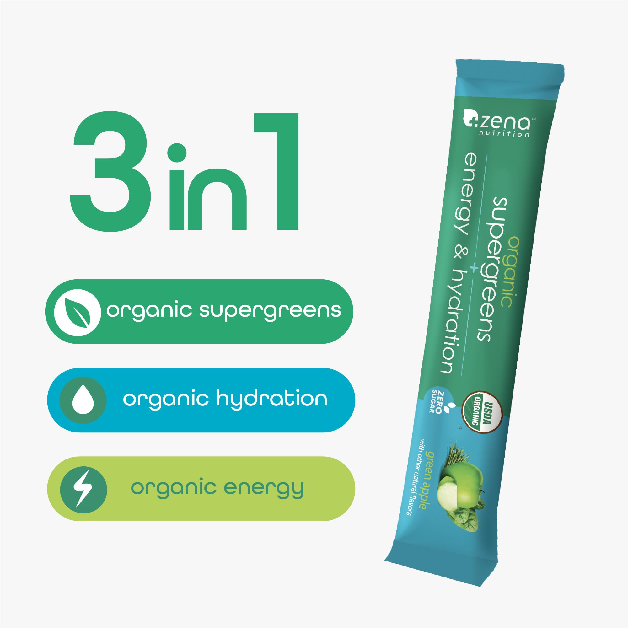 Zena Nutrition Organic Super Greens greens blend with spirulina and spinach for daily vitality.