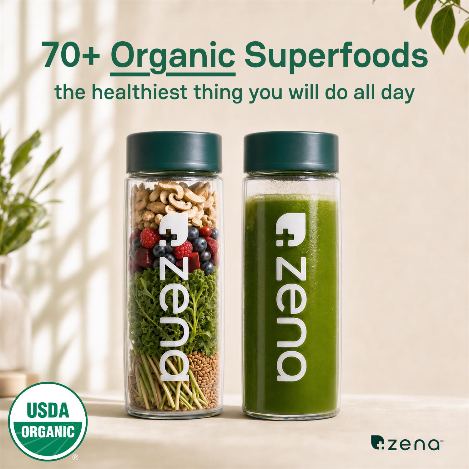 Polvo de Zena Nutrition Super Greens con sabor manzana verde para batidos diarios.