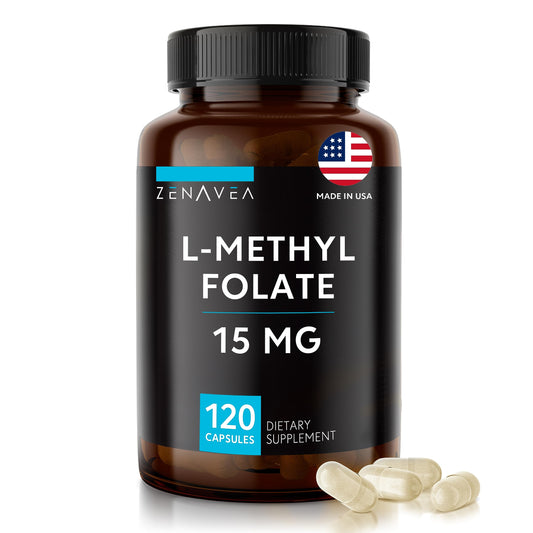 Zenavea L-Methylfolate 15mg bottle supports daily folate intake.