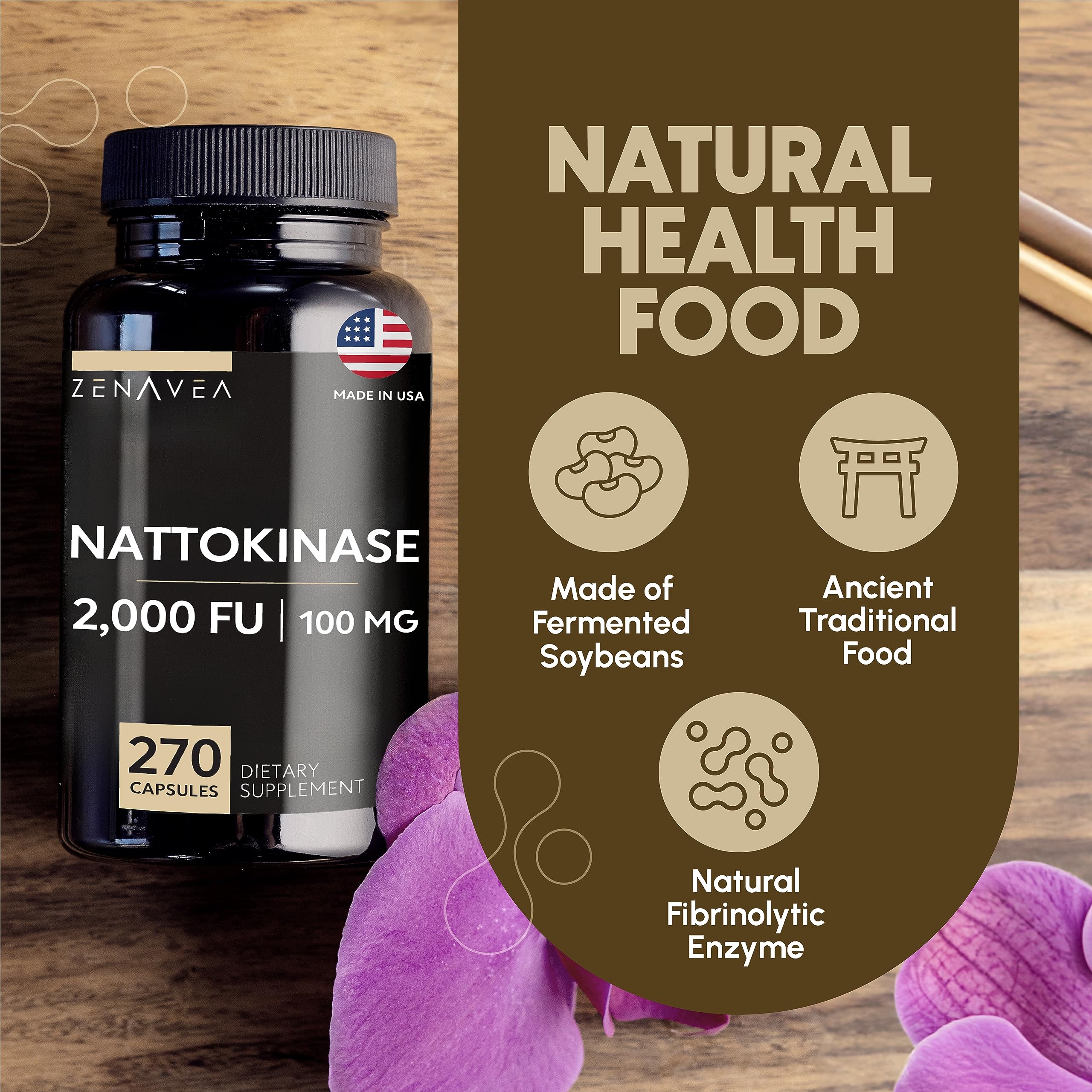 Zenavea nattokinase gluten-free vegan formula packaging communicates dietary safety.