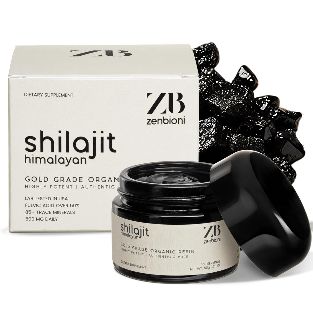 Zenbioni Pure Himalayan Shilajit Resin jar showing daily energy support in sample
