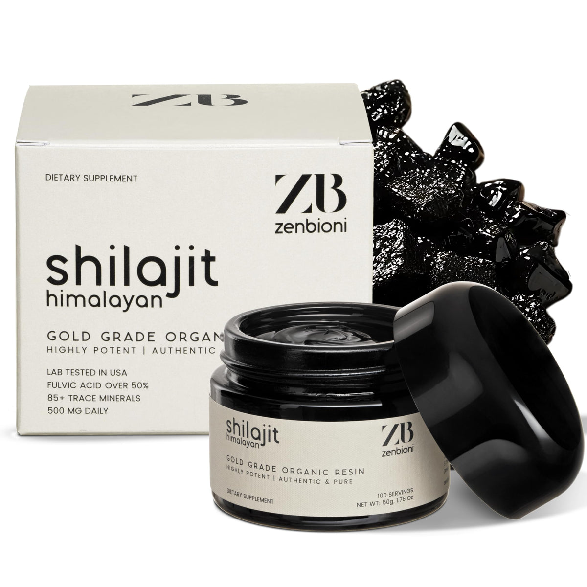 Zenbioni Pure Himalayan Shilajit Resin jar showing daily energy support in sample