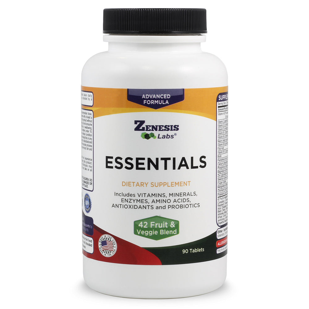 Zenesis Labs Essentials bottle front view showing full nutrient blend for daily wellness.