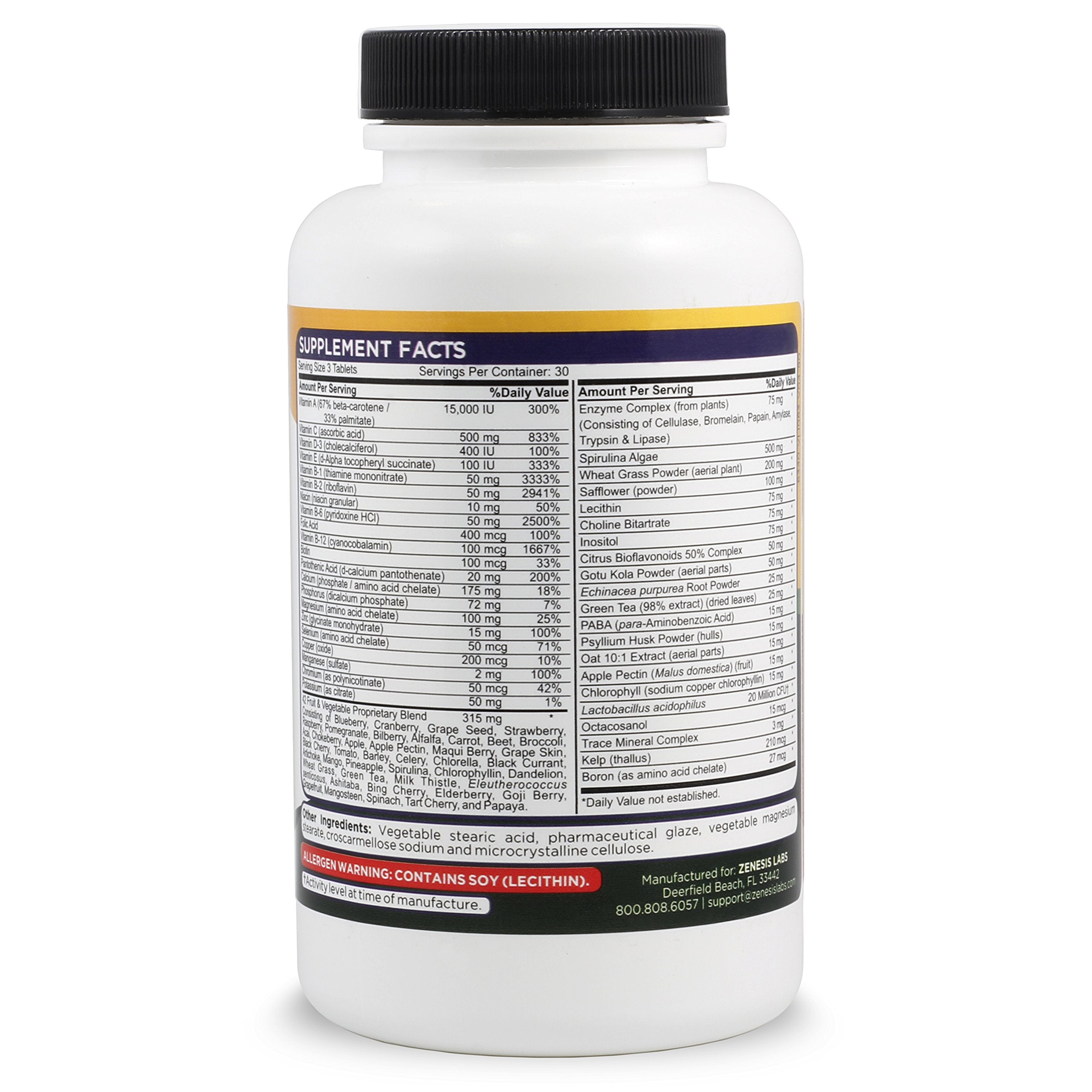 Zenesis Labs Essentials ingredients list showing 42 fruits and vegetables included.