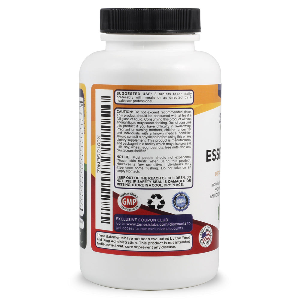 Zenesis Labs Essentials nutritional facts label featuring vitamins A to E.