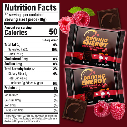 ZenEvo Driving Energy bite closeup shows semisweet chocolate and berry flavor.