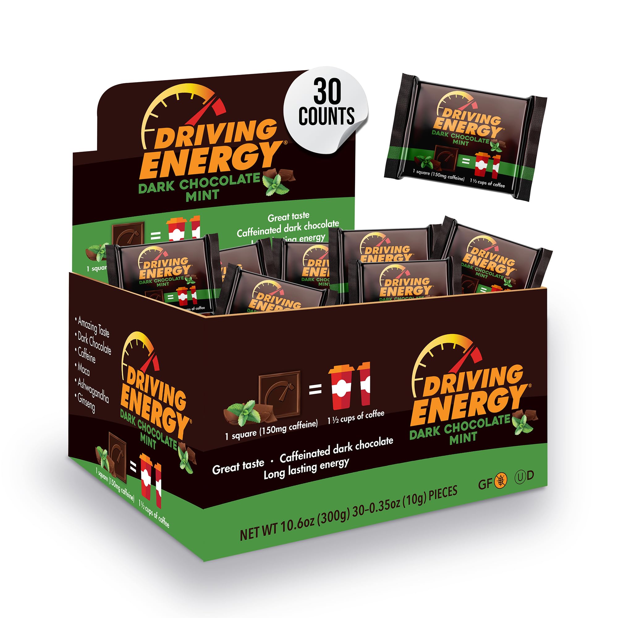 ZenEvo Driving Energy bite in mint dark chocolate for steady pre-workout focus.