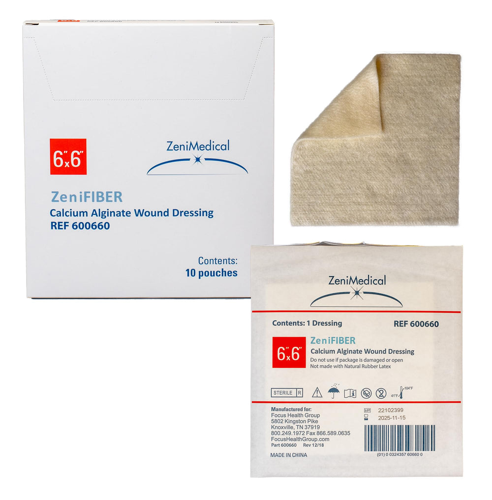 ZeniFiber 6x6 dressing closeup shows sterile wound pad for efficient exudate control.