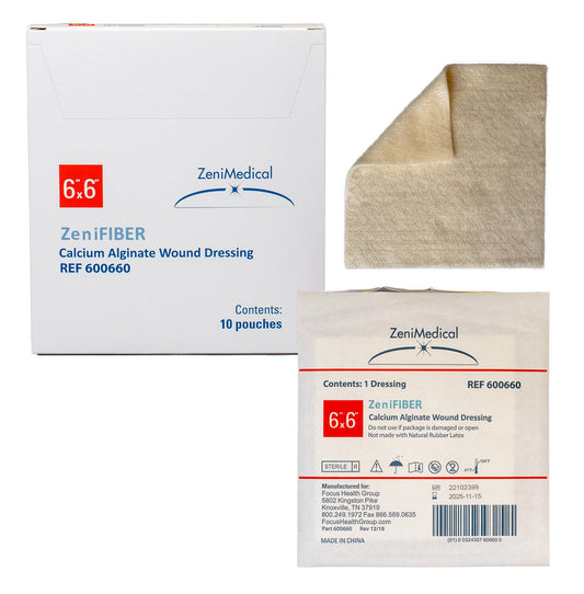 ZeniFiber 6x6 dressing closeup shows sterile wound pad for efficient exudate control.